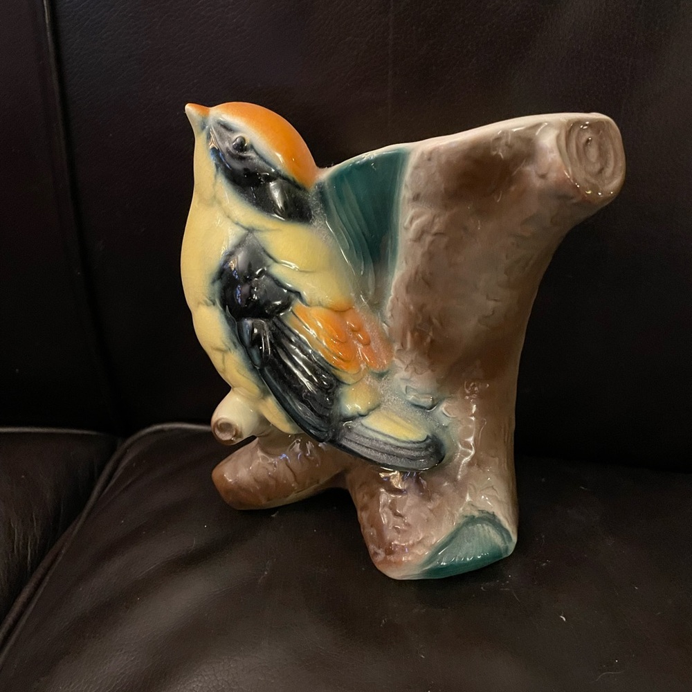 Vintage Royal Copley Ceramic Bird on Tree Stump Planter - Multicolour